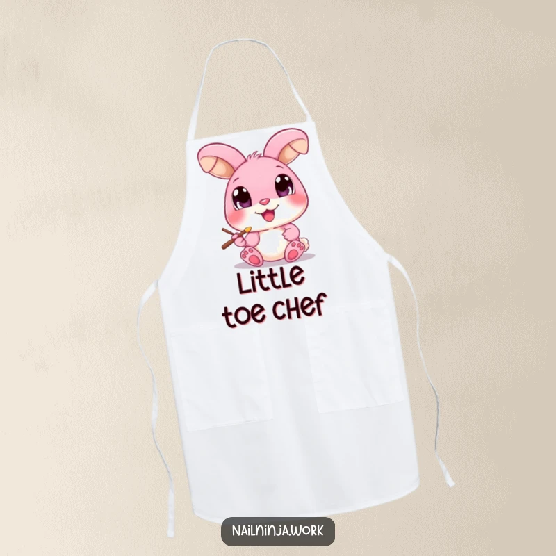 Funny pink bunny with oversized eyes, painting a toenail with a brush, on a practical apron.
