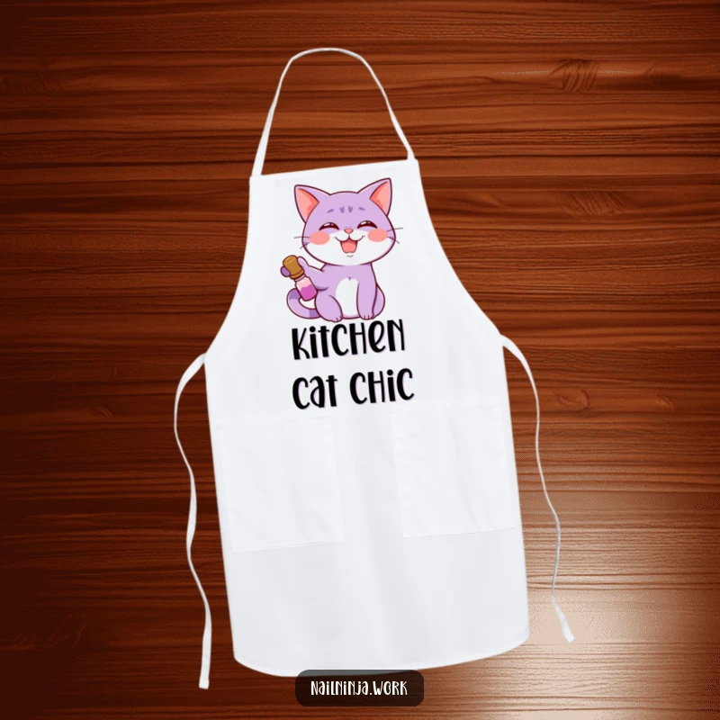 Funny giggling purple cat holding nail polish bottle, on a functional apron.