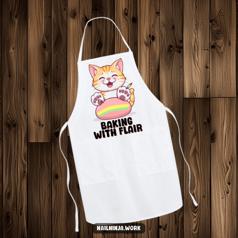 Funny apron with a cheerful cat using its big paws to paint colorful stripes on a large nail.