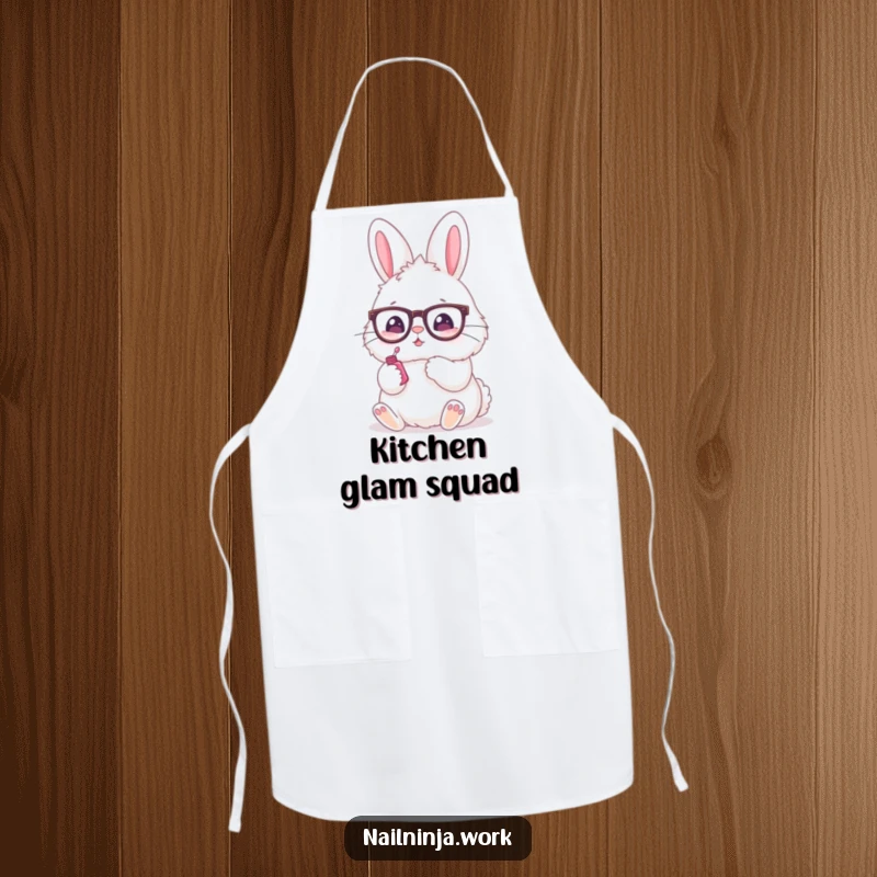 Funny apron with a fluffy bunny wearing spectacles applying nail polish, a stylish kitchen accessory.