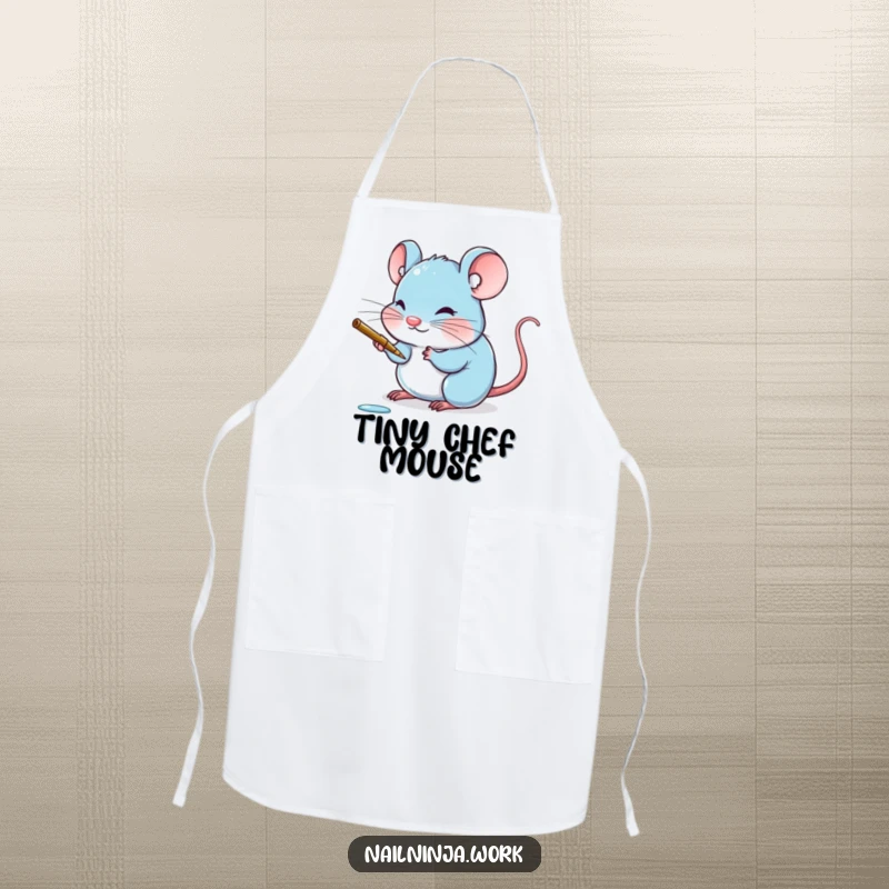 Funny blushing blue mouse painting a minuscule claw with a delicate stroke, on a functional apron.
