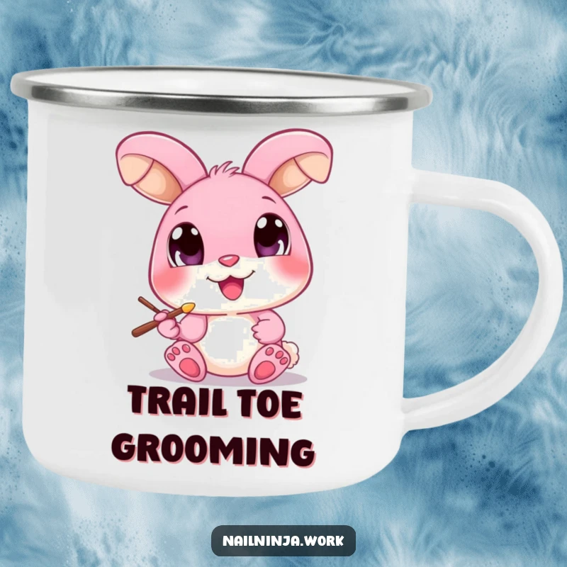 Funny pink bunny with oversized eyes, painting a toenail with a brush, on a camping mug.