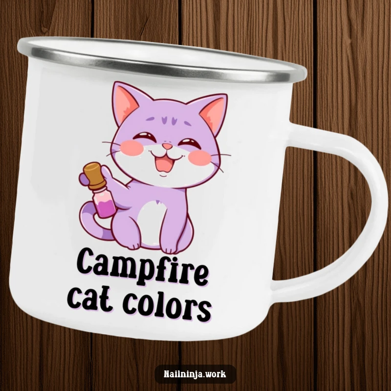 Funny giggling purple cat holding nail polish bottle, on a camping mug.