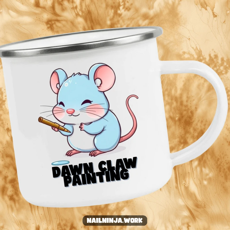 Funny blushing blue mouse meticulously painting a tiny claw with a delicate stroke, on a camping mug.