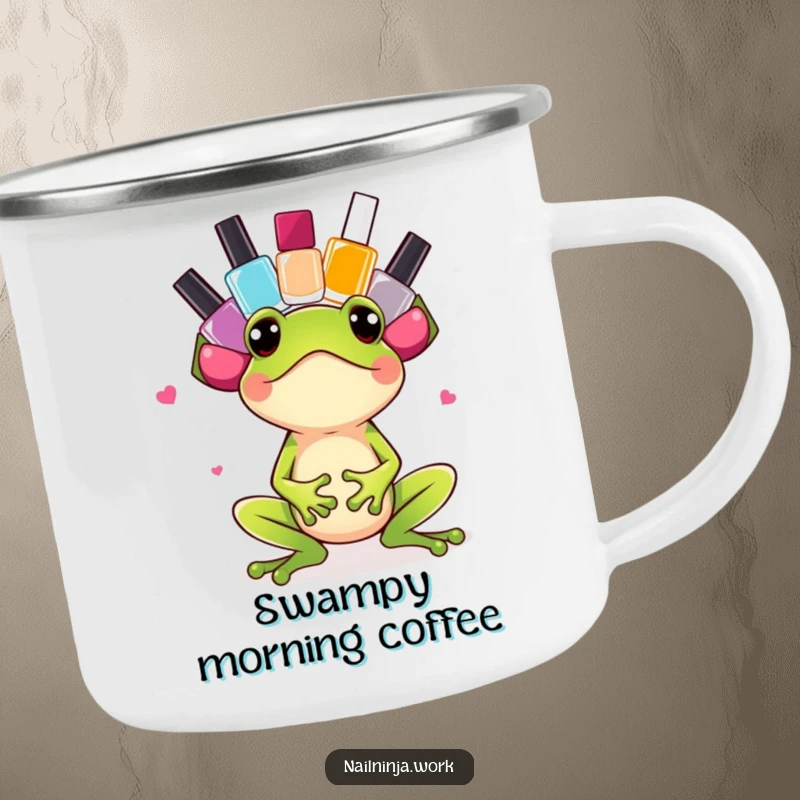 Funny excited green frog balancing colorful nail polish bottles on its head, on a camping mug.