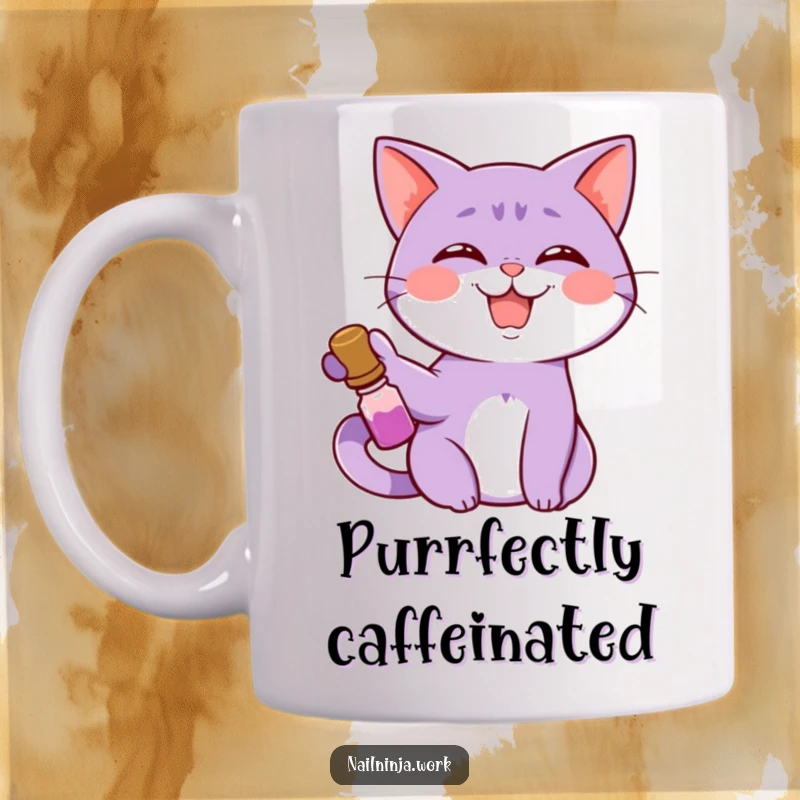Funny giggling purple cat with a wide smile, holding a nail polish bottle, on a mug.