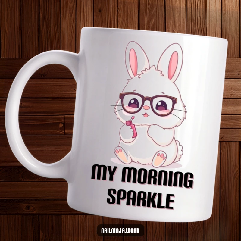 Funny mug featuring a fluffy bunny in spectacles meticulously painting its nails with a paw.