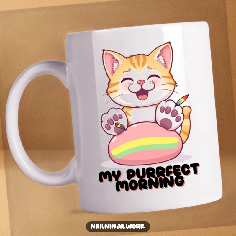 Funny mug with a cheerful cat using its big paws to paint colorful stripes on a giant nail.