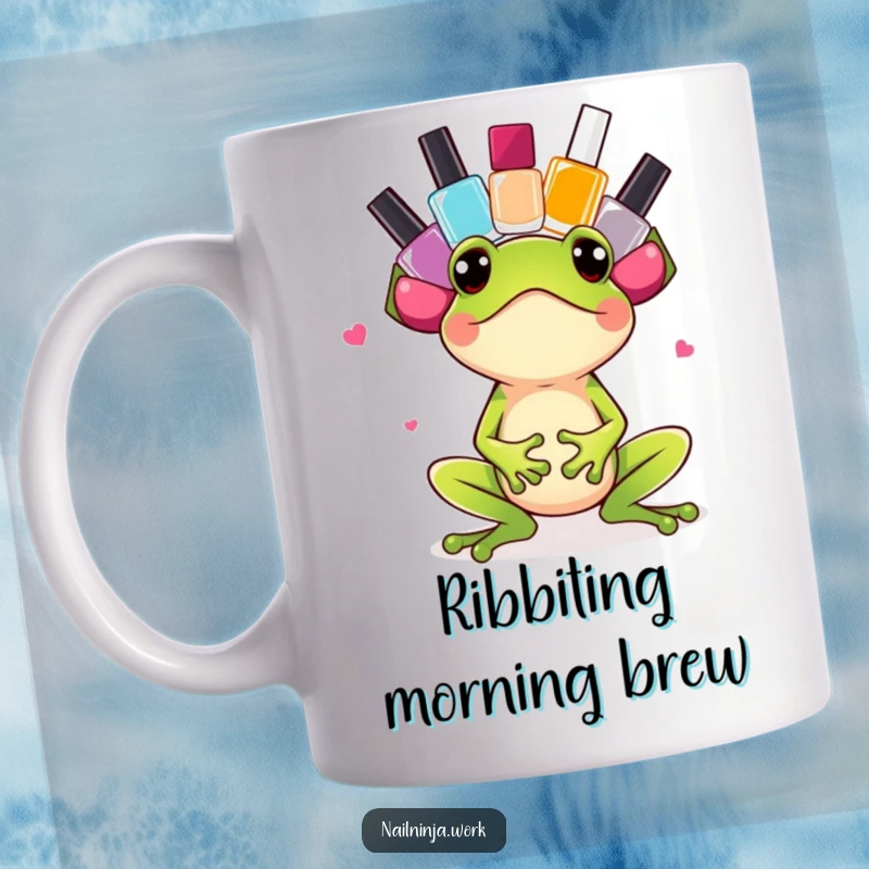 Funny excited green frog balancing colorful nail polish bottles on its head, on a mug.
