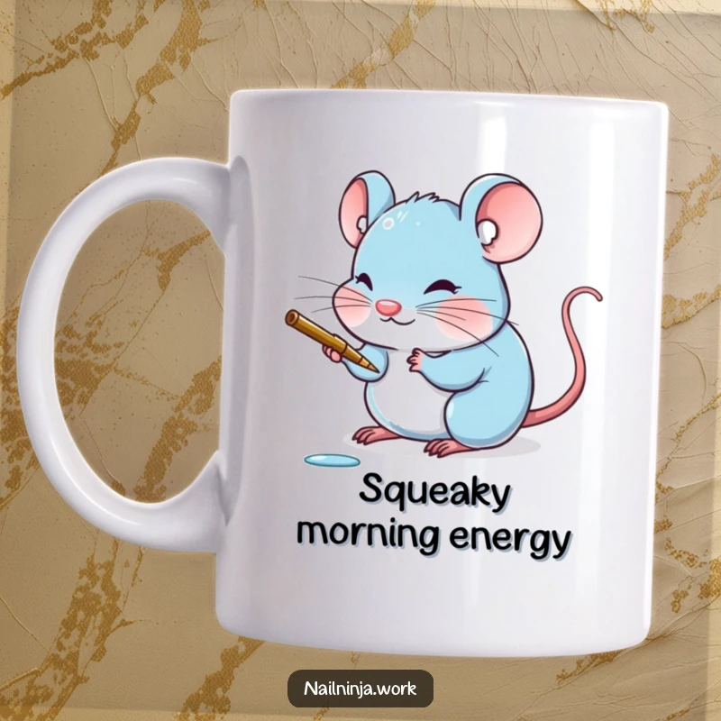 Funny blushing blue mouse carefully painting a tiny claw with a delicate stroke, on a mug.