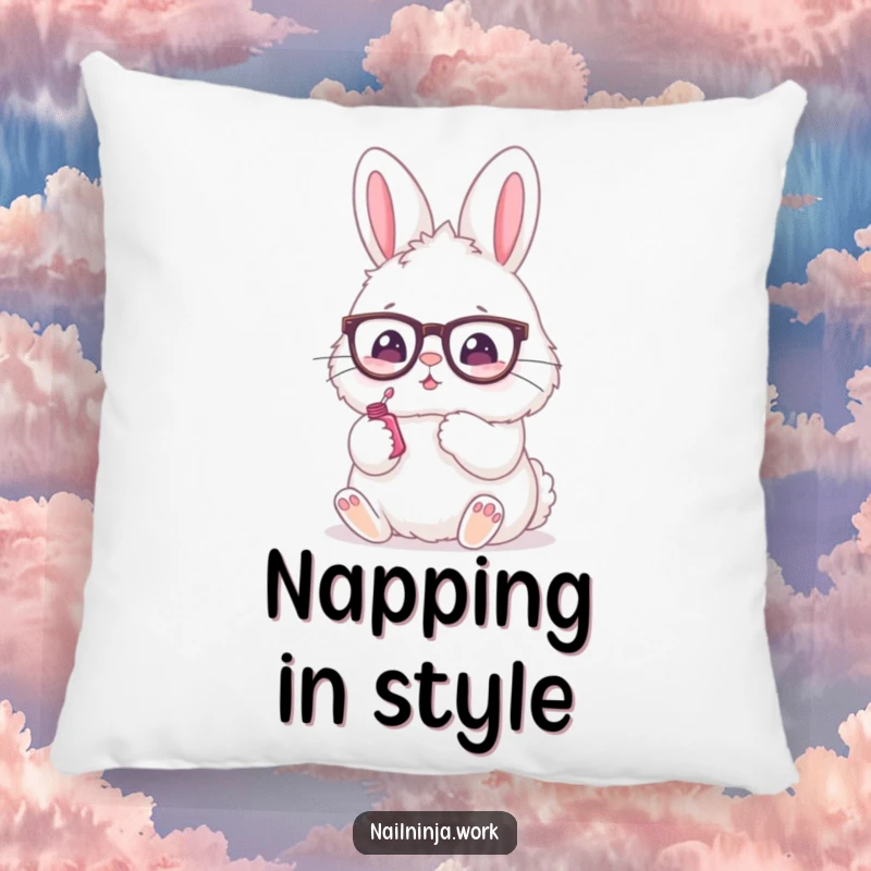 Funny pillow featuring a fluffy bunny in glasses painting its nails, perfect for a cute touch.