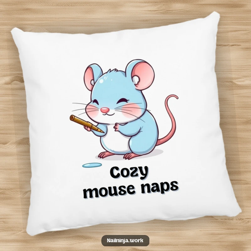 Funny blushing blue mouse painting a tiny claw with a delicate stroke, on a decorative pillow.