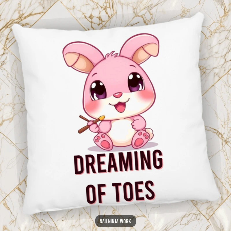 Funny pink bunny with large eyes, painting a toenail with a brush, on a decorative pillow.