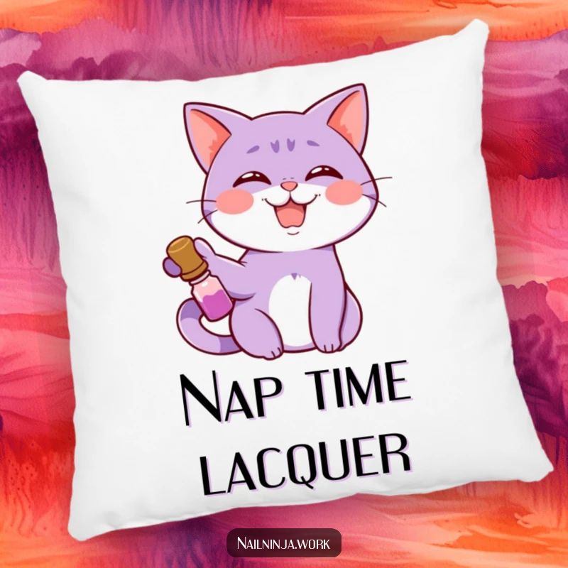 Funny giggling purple cat with a wide smile, holding nail polish, on a decorative pillow.