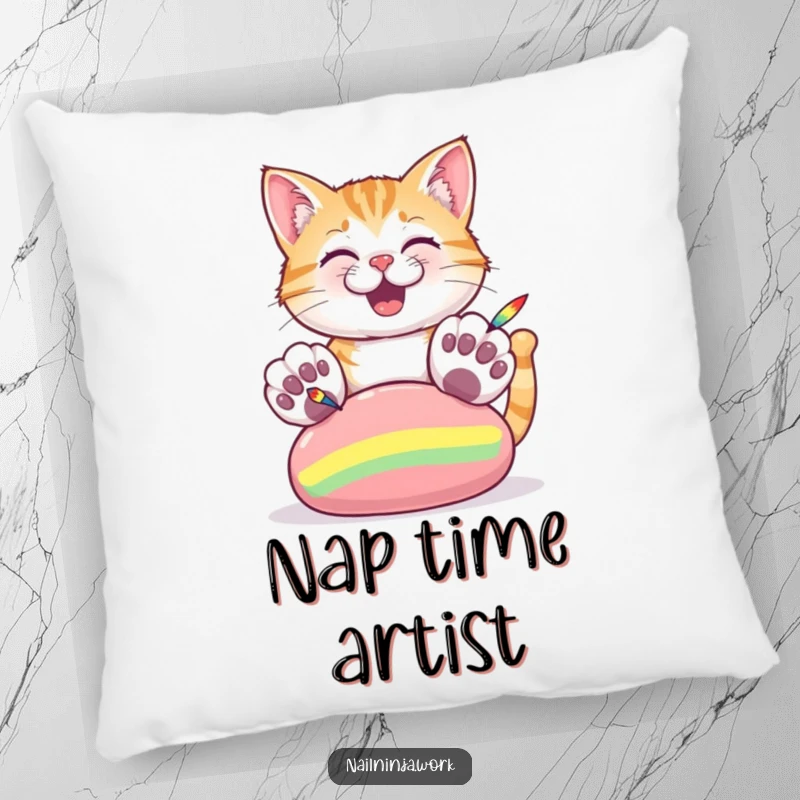Funny pillow featuring a cheerful cat using its large paws to paint stripes on a giant nail.