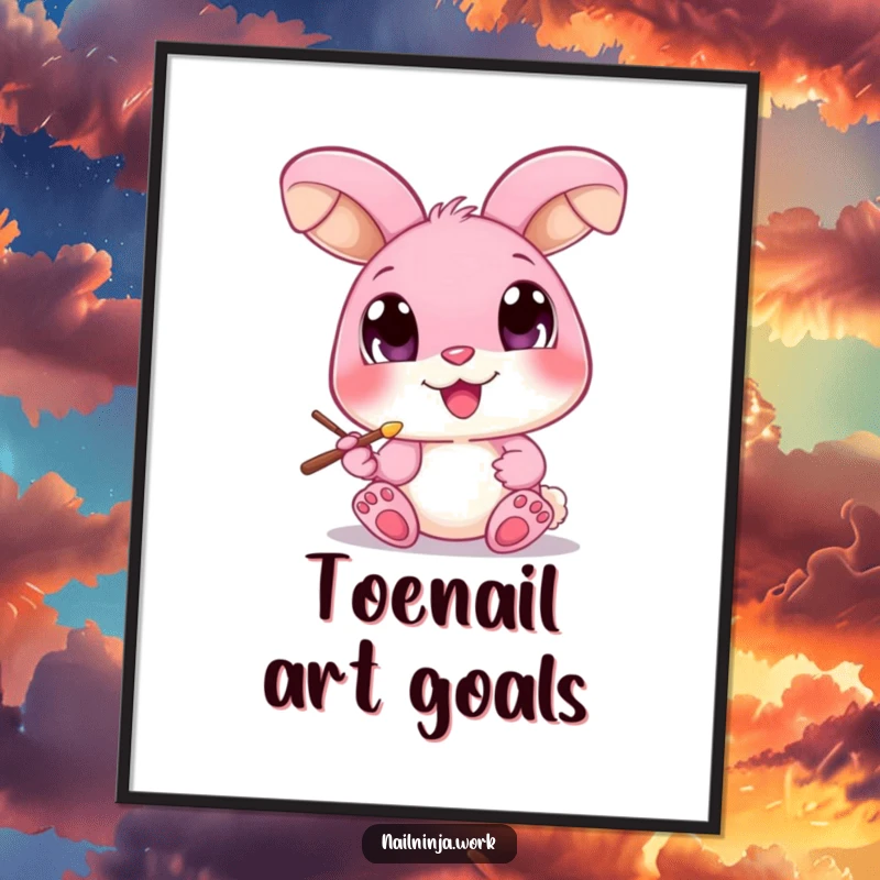 Funny pink bunny with oversized eyes, painting a toenail with a brush, as a digital art print.