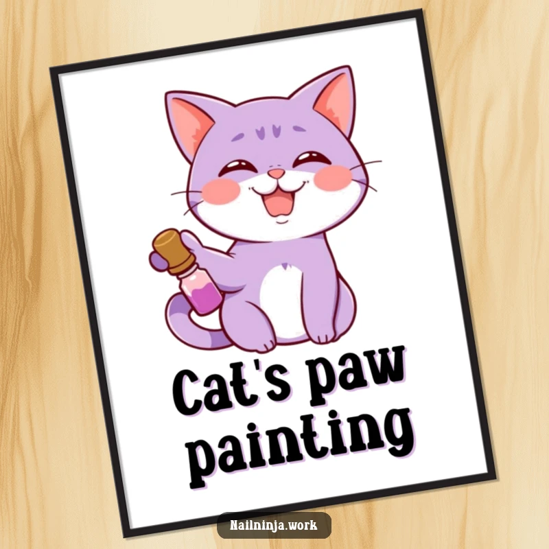 Funny giggling purple cat with nail polish, smiling widely, as a digital art print.