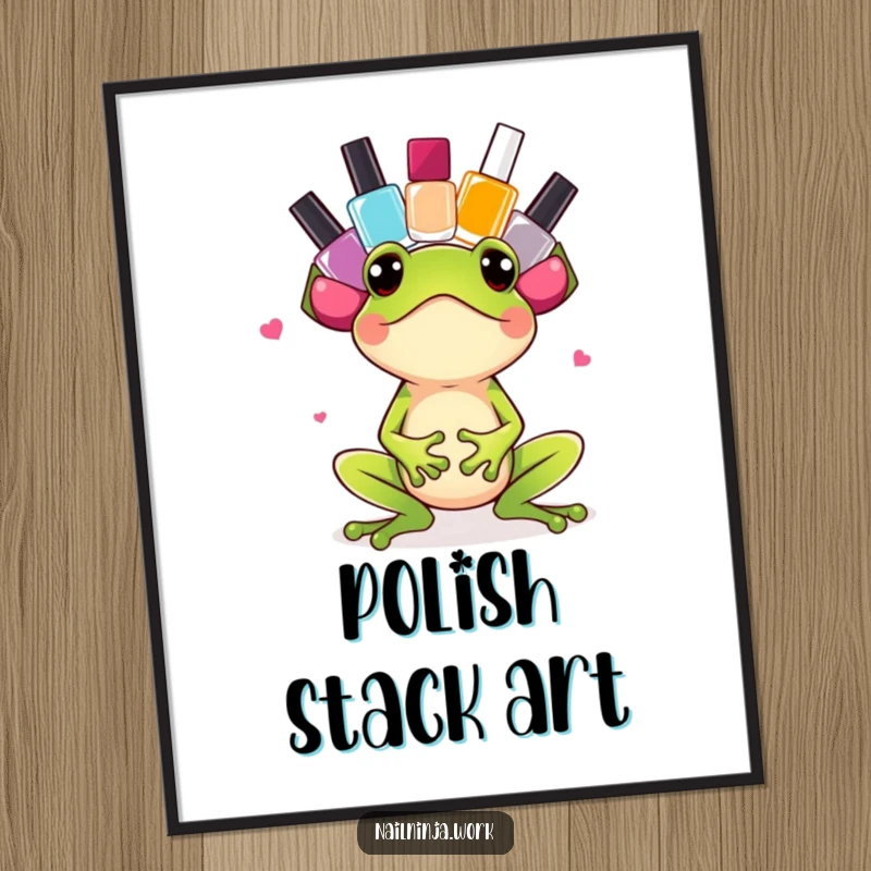 Funny excited green frog balancing colorful nail polish bottles on its head, as a digital art print.