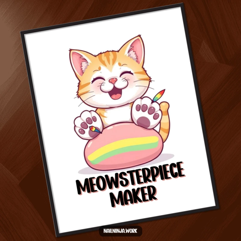 Funny digital art print of a cheerful cat with oversized paws painting colorful stripes on a large nail.