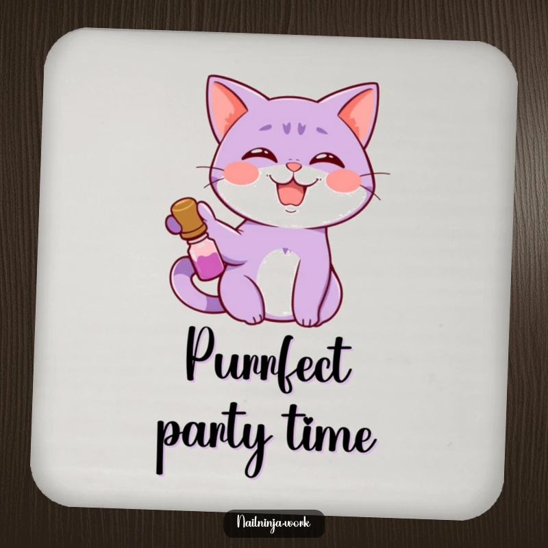 Funny giggling purple cat holding nail polish bottle, on a drink coaster.