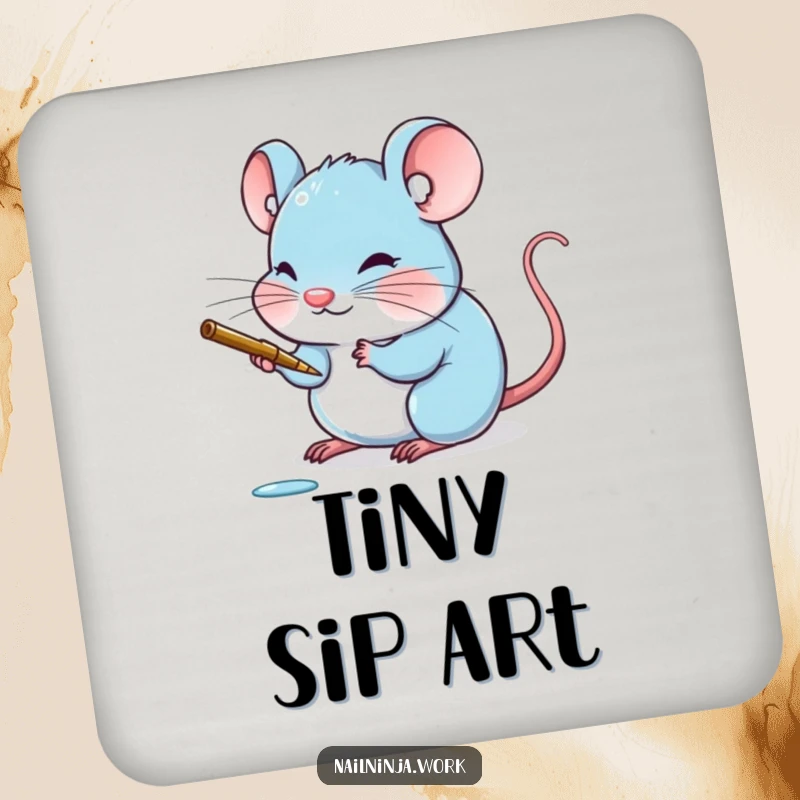 Funny blushing blue mouse painting a minuscule claw with a delicate stroke, on a drink coaster.