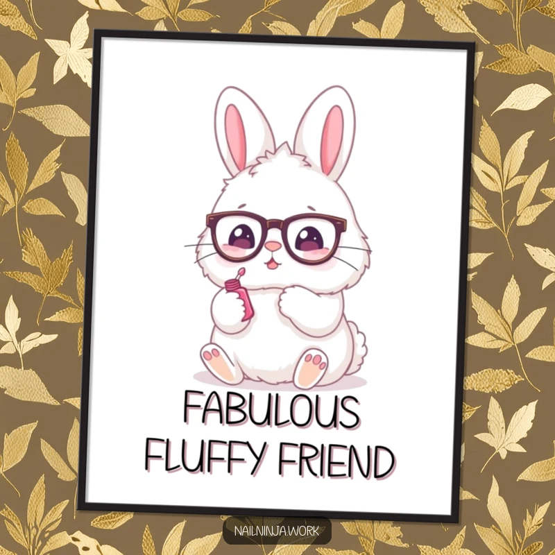 Funny poster of a fluffy bunny with spectacles applying nail polish with its paw, charming artwork.