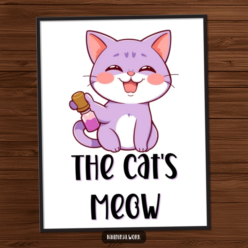 Funny giggling purple cat with nail polish, smiling widely, on a decorative poster.