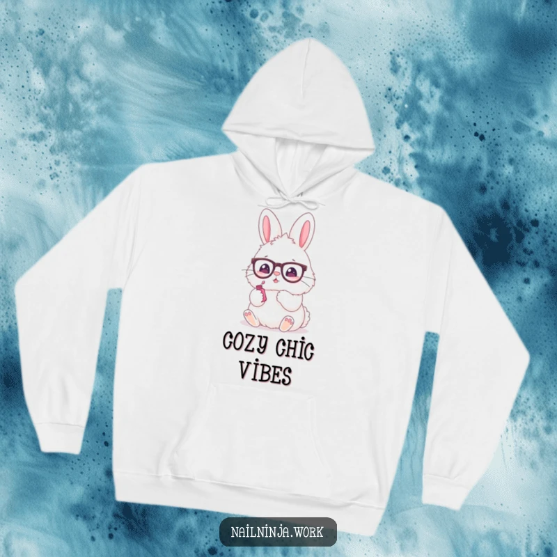 Funny hoodie depicting a fluffy bunny in tiny glasses applying nail polish with its paw, super cute.