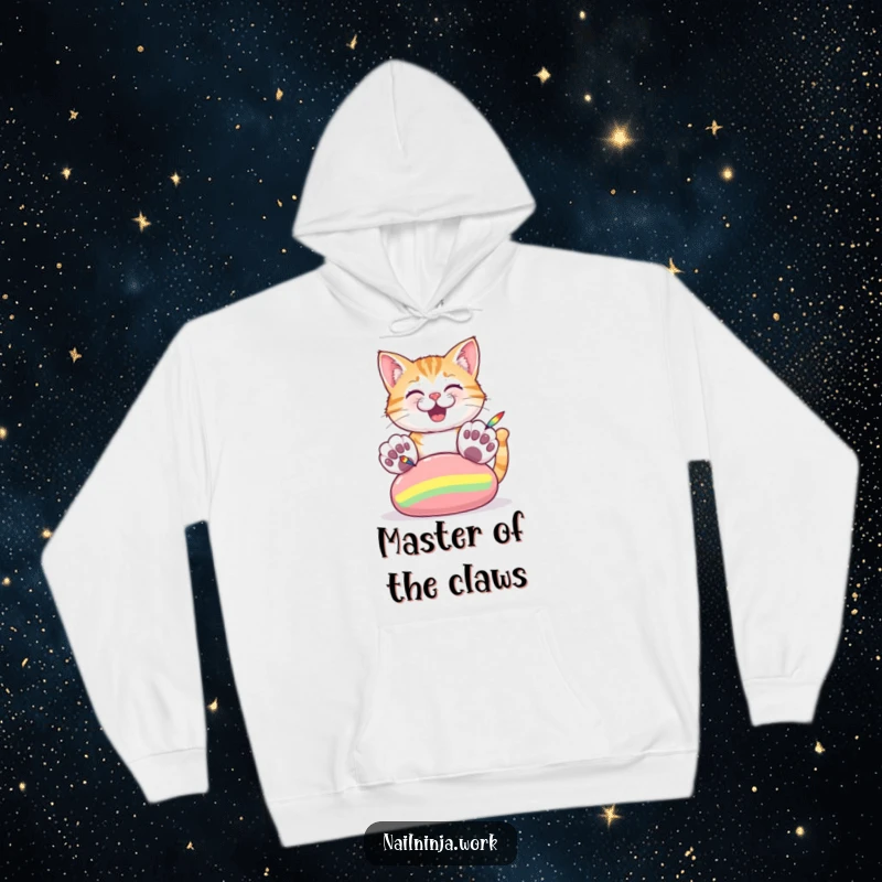 Funny hoodie depicting a cheerful cat using its large paws to paint colorful stripes on a giant nail.