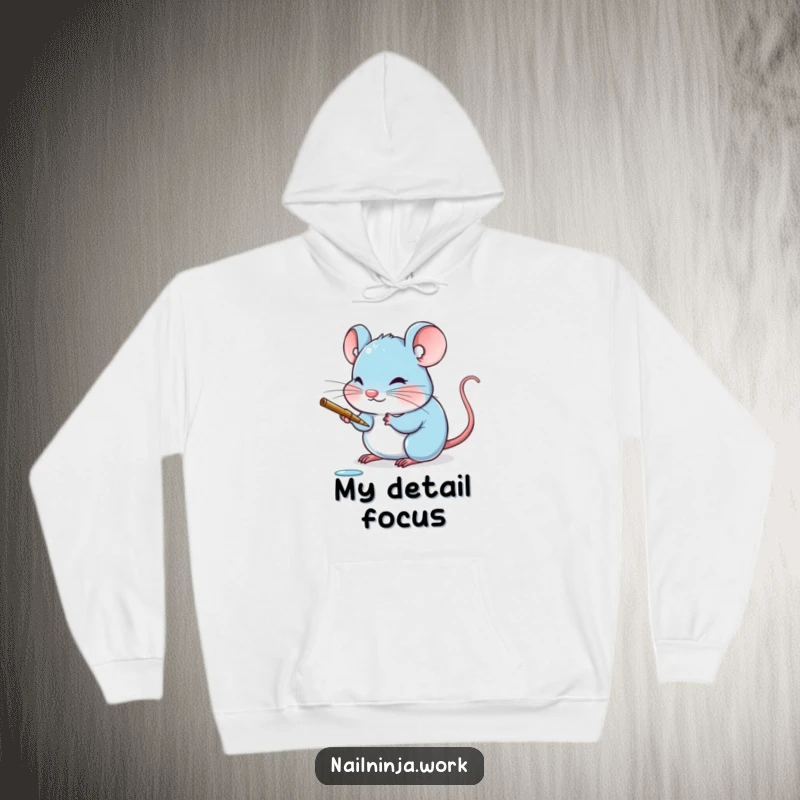 Funny blushing blue mouse painting a tiny claw with delicate stroke, on a cozy hoodie.