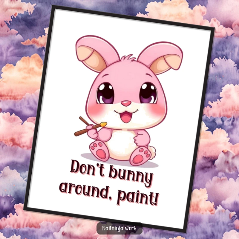 Funny Free Printable Wall Art: A pink bunny with big eyes earnestly painting a tiny toenail.