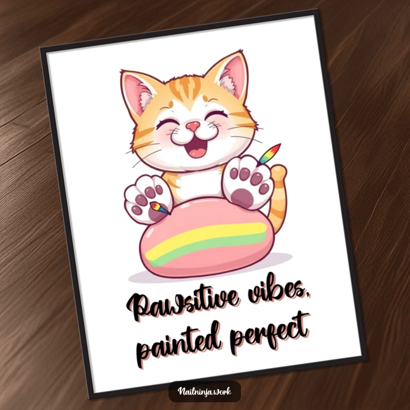 Funny Free Printable Wall Art of a cheerful cat with oversized paws painting vibrant stripes on a large nail, adding artistic fun.