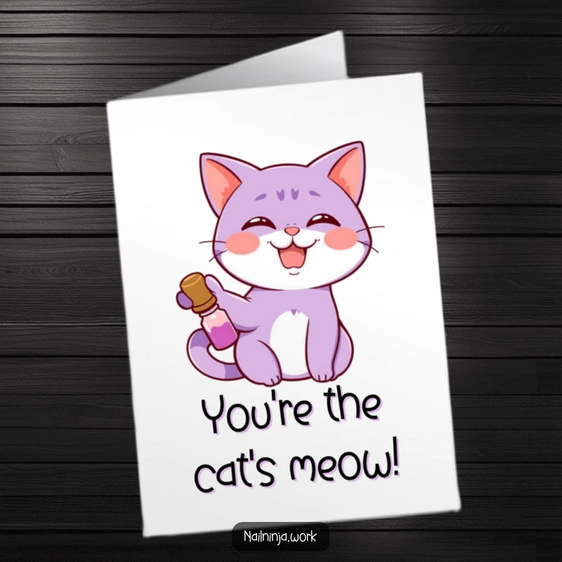 Funny Free Printable Congratulations Card: A smiling purple cat showing off a nail polish bottle.