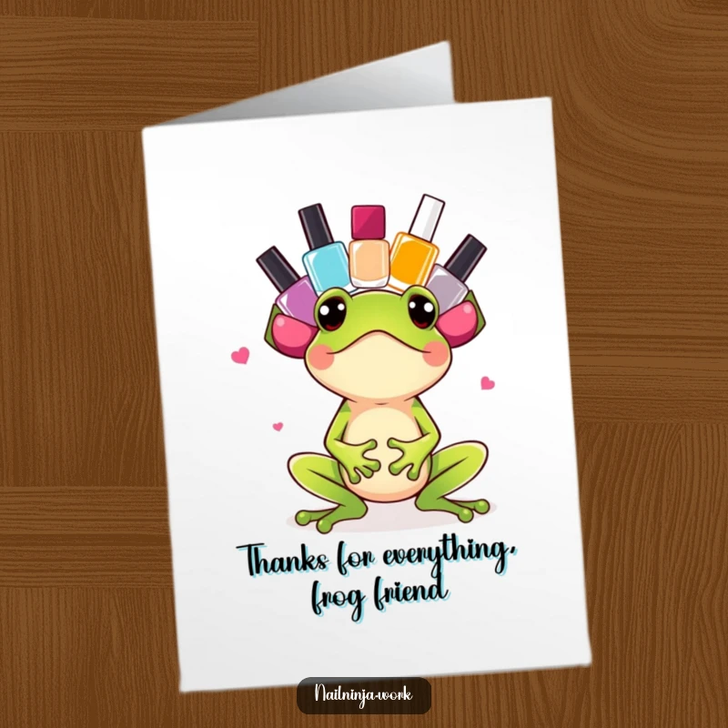 Funny Free Printable Thank You Card: A green frog with a pile of polish bottles on its head.