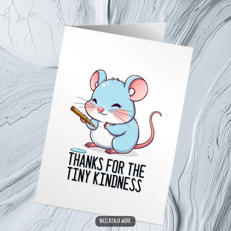 Funny Free Printable Thank You Card: A blushing blue mouse painting a tiny claw with care.