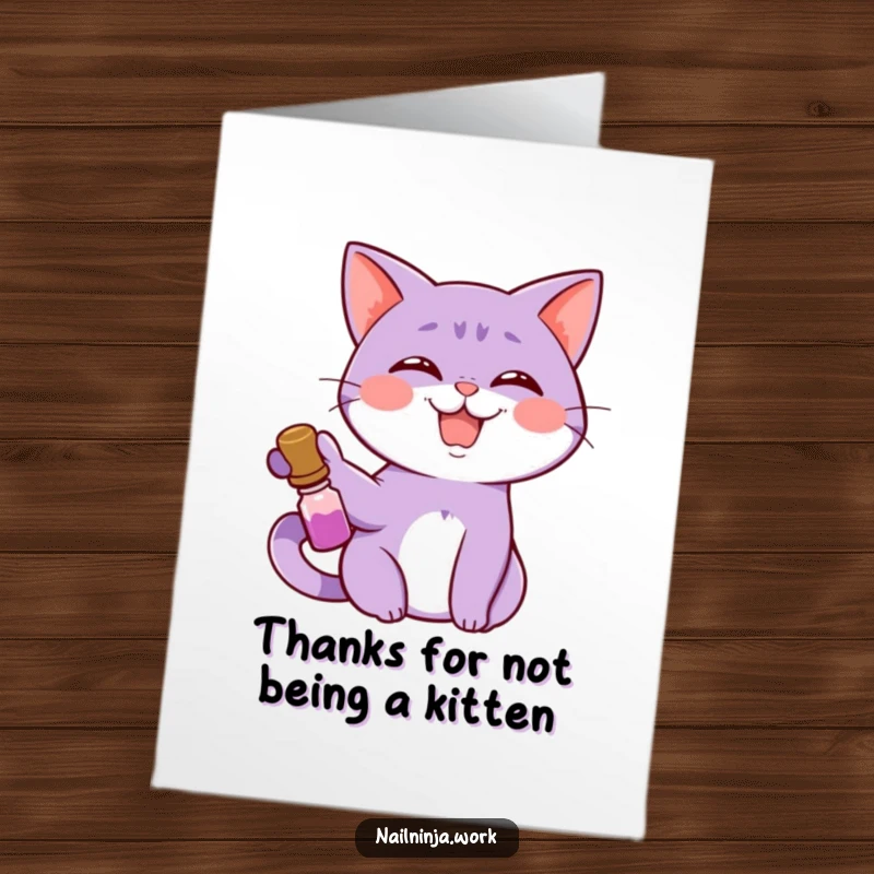 Funny Free Printable Thank You Card: A giggling purple cat with a nail polish bottle.