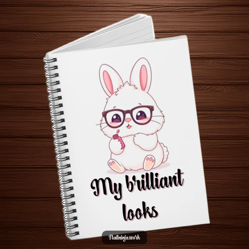 Funny notebook with a fluffy bunny in glasses painting its nails, ideal for journaling.