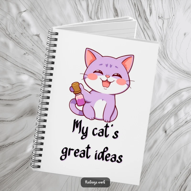 Funny giggling purple cat with nail polish, smiling widely, on a notebook.