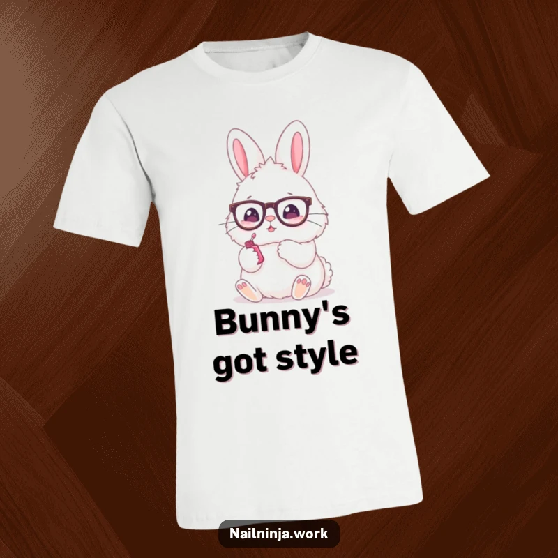 Funny t-shirt with a fluffy bunny wearing spectacles, painting its nails with a paw, chic and cute.