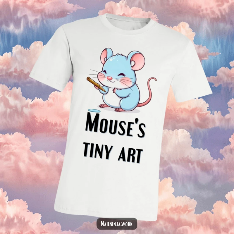 Funny blushing blue mouse meticulously painting a minuscule claw with a delicate stroke, on a t-shirt.